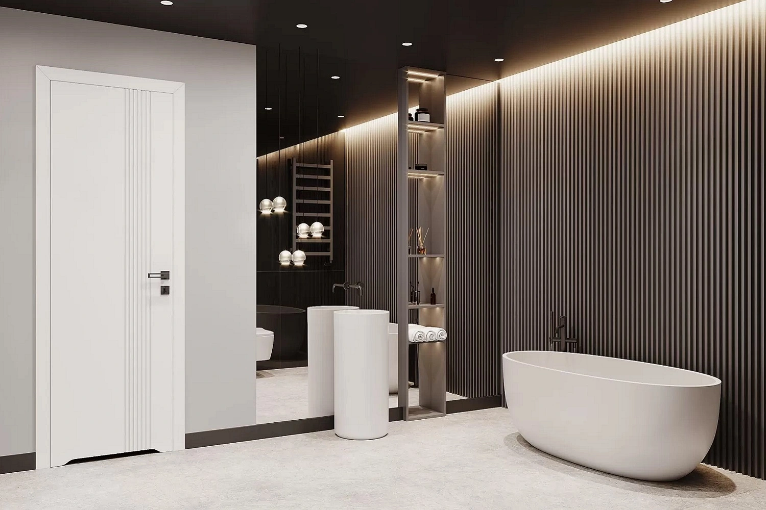 Nowoczesna i luksusowa łazienka utrzymana w ciemnej tonacji