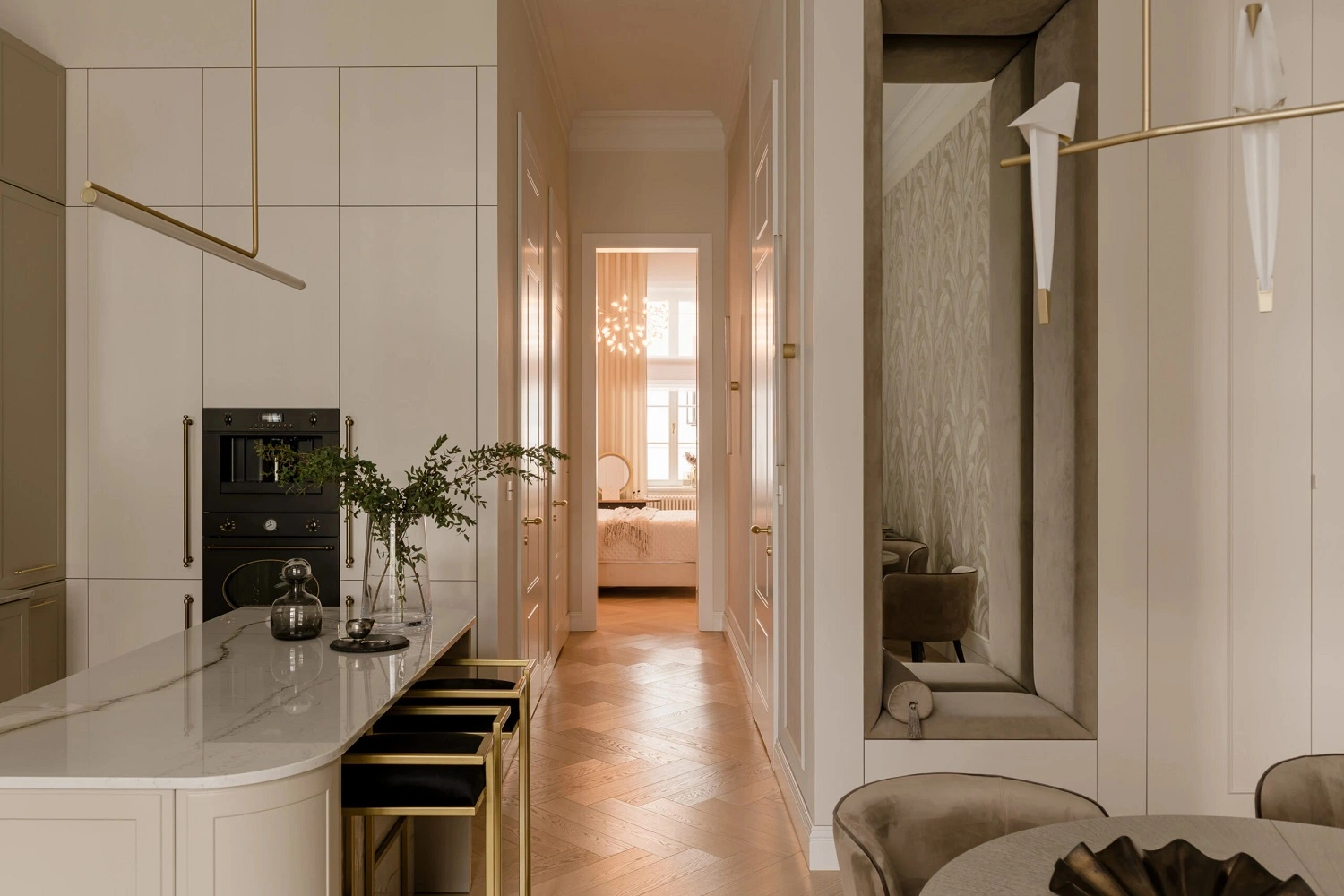 Elegancki hol i widok na strefę dzienną w stylu glamour