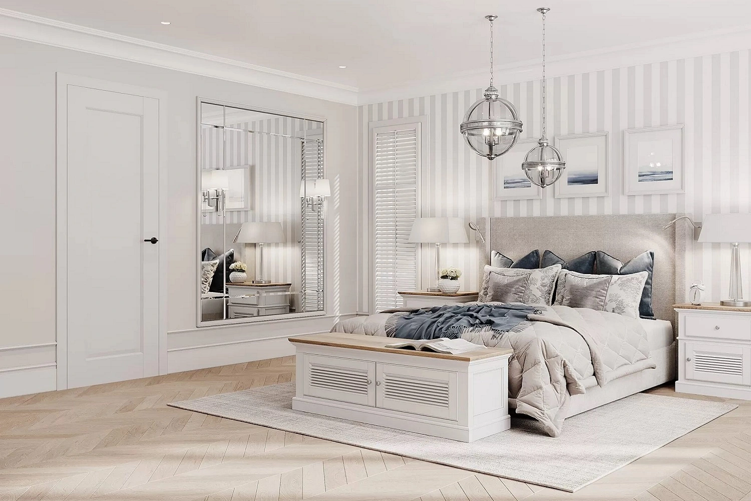 Elegancka i jasna sypialnia urządzona w stylu klasycznym