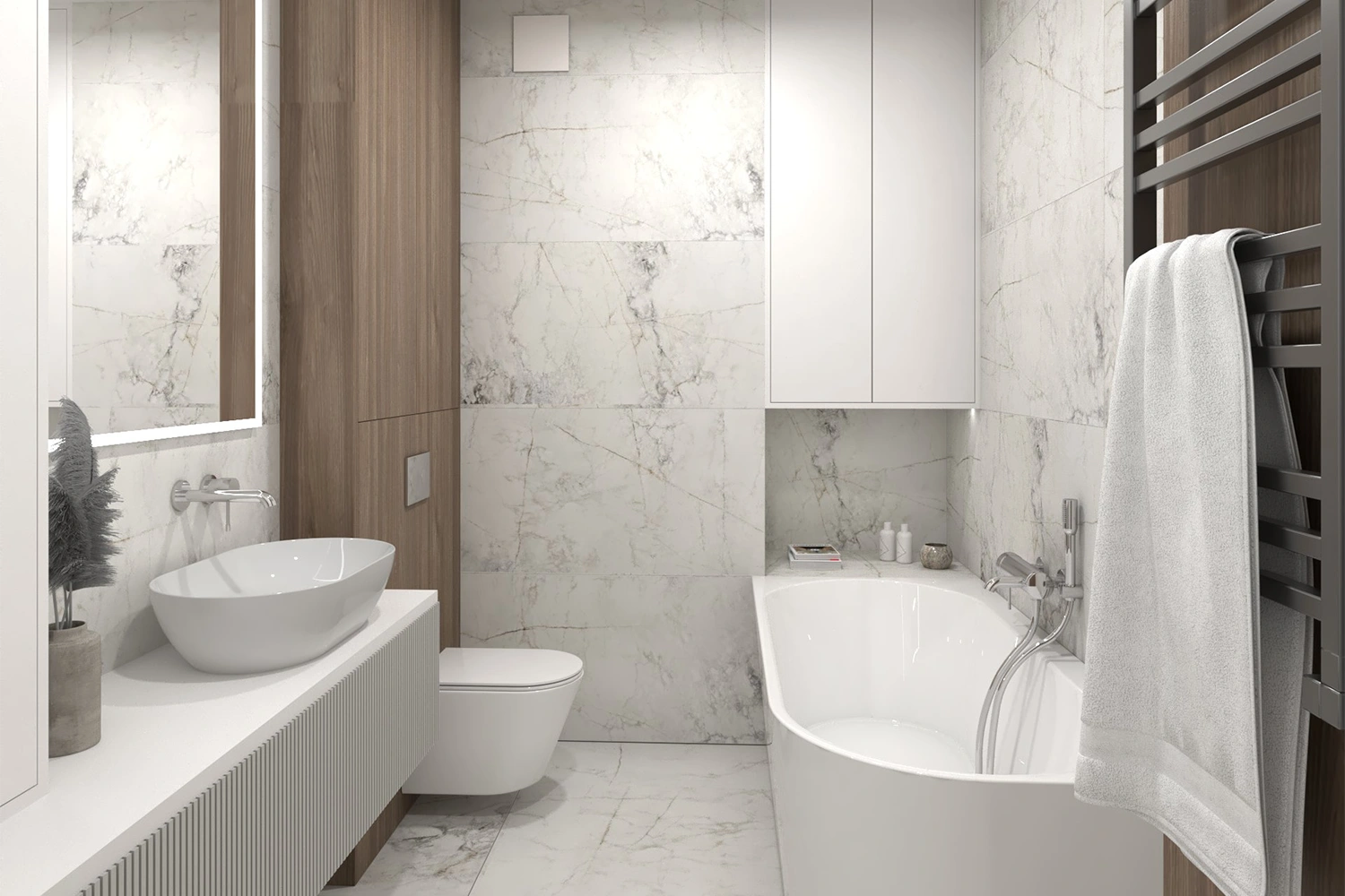 Łazienka w marmurowym wykończeniu z dodatkiem drewna i podświetlanym lustrem
