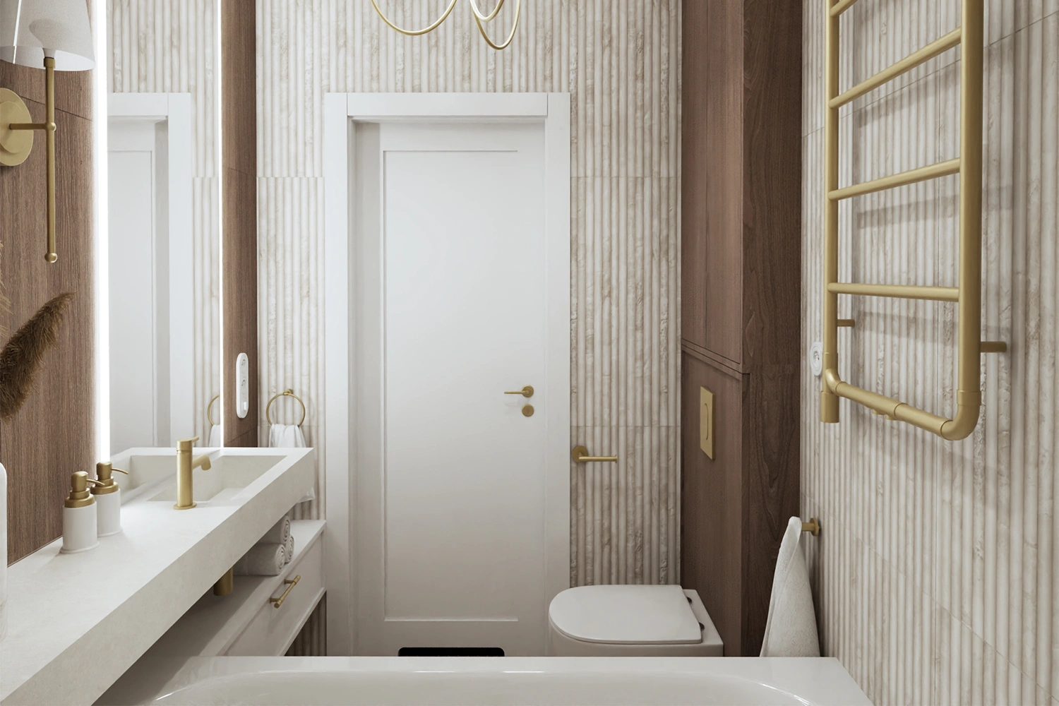 Łazienka w beżowo drewnianych odcieniach ze złotą armaturą i ryflowanymi płytkami