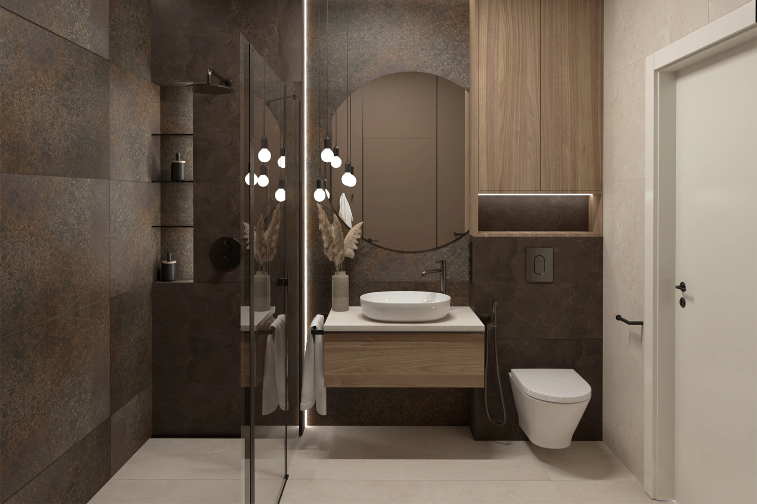 Brązowo-beżowa łazienka z prysznicem walk-in i drewnianymi akcentami