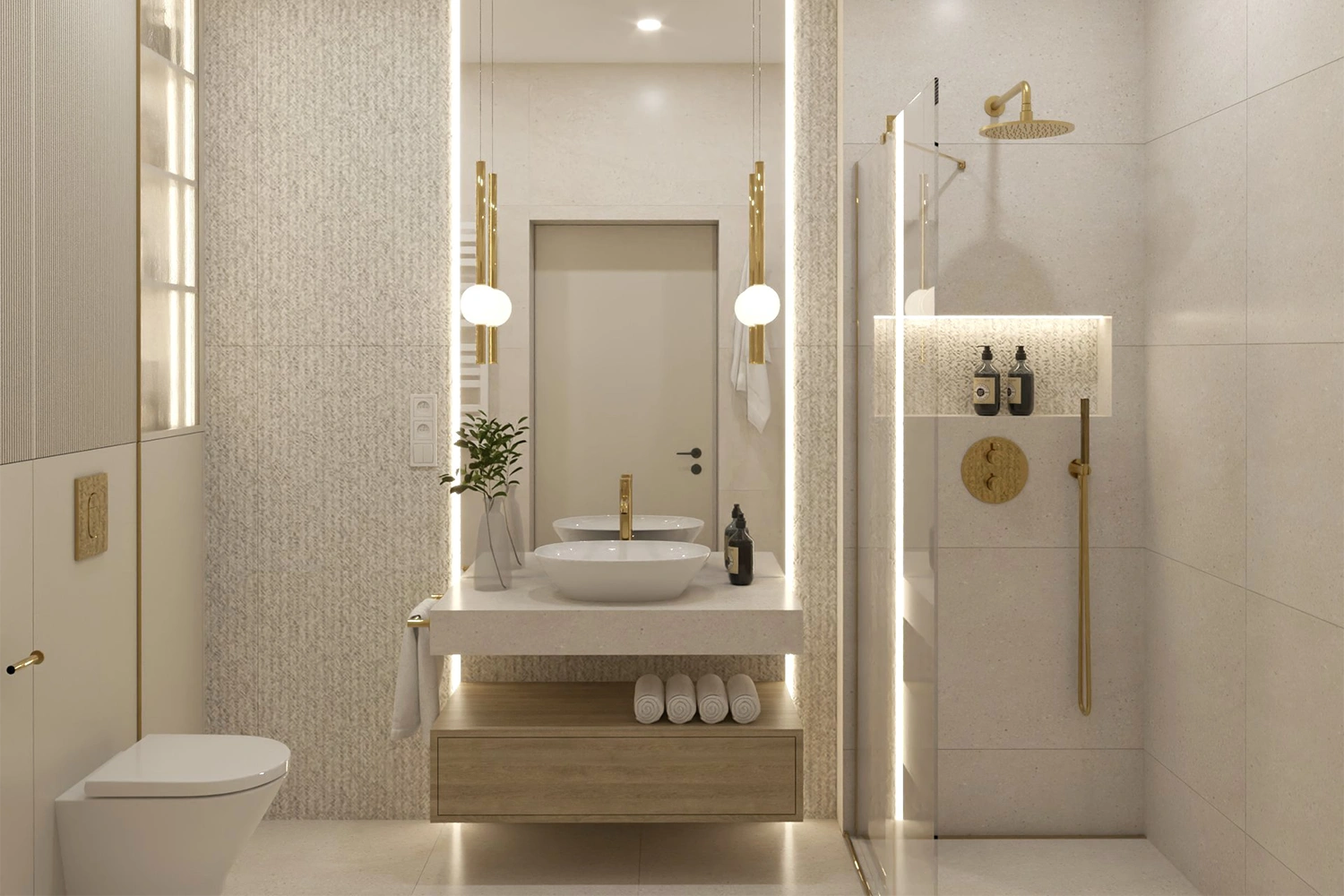 Łazienka w marmurowym wykończeniu z dodatkiem drewna i podświetlanym lustrem