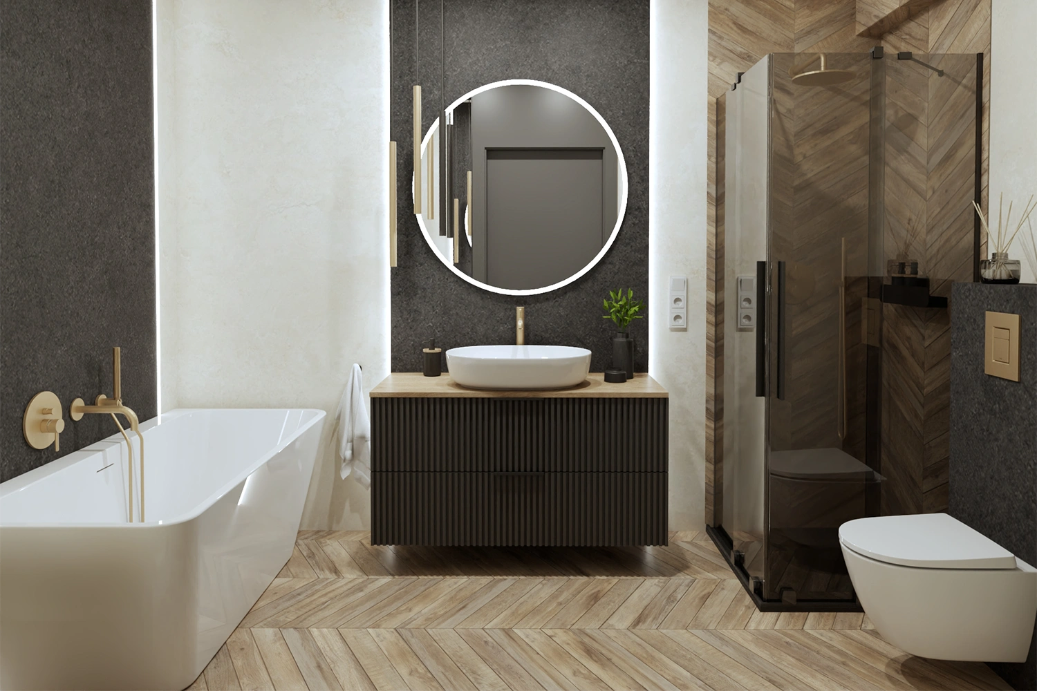 Łazienka w odcieniach bieli i drewna z wanną wolnostojącą, prysznicem i czarną szafką pod umywalką