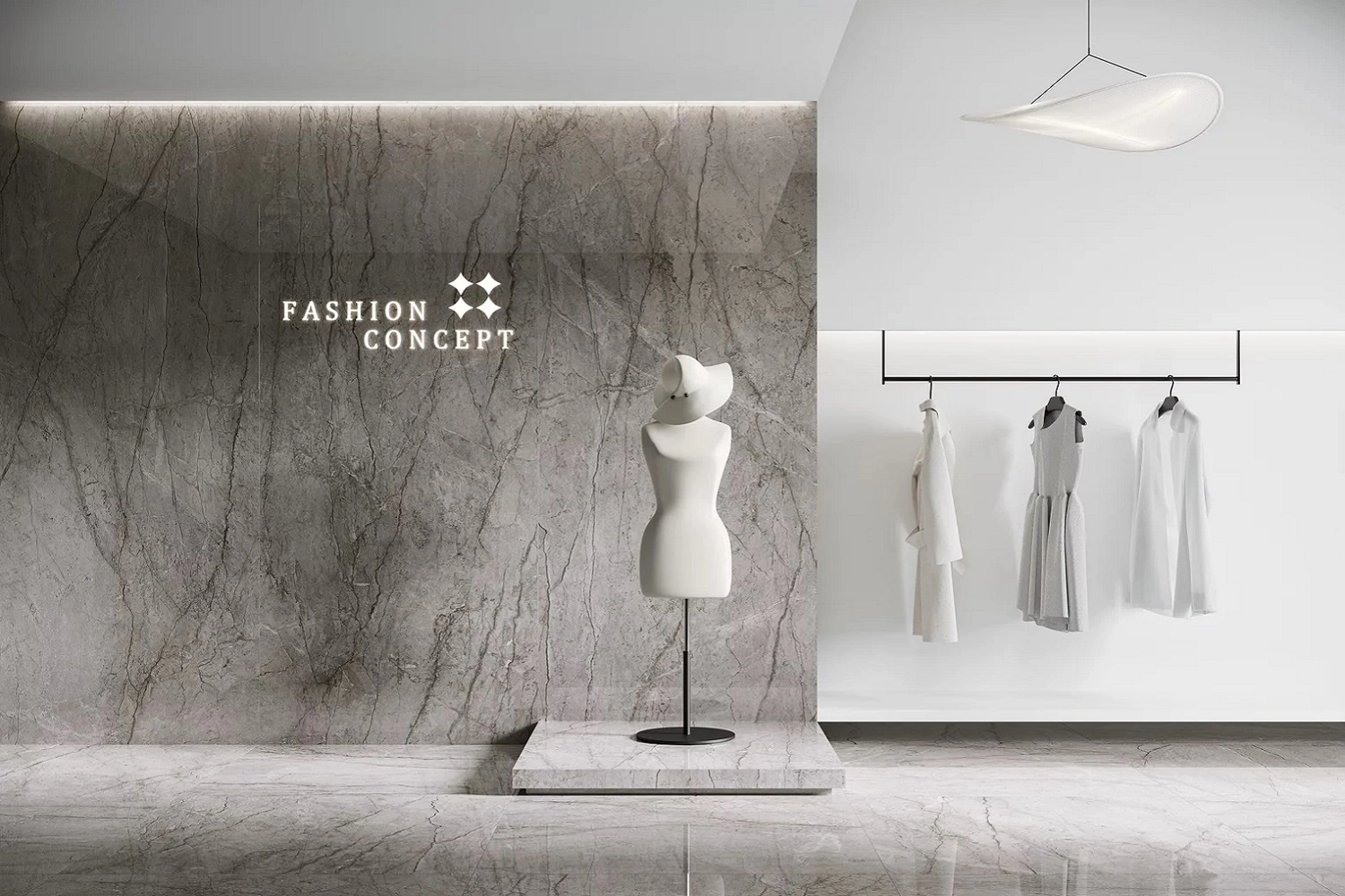 Minimalistyczne wnętrze publiczne: butik w neutralnej tonacji