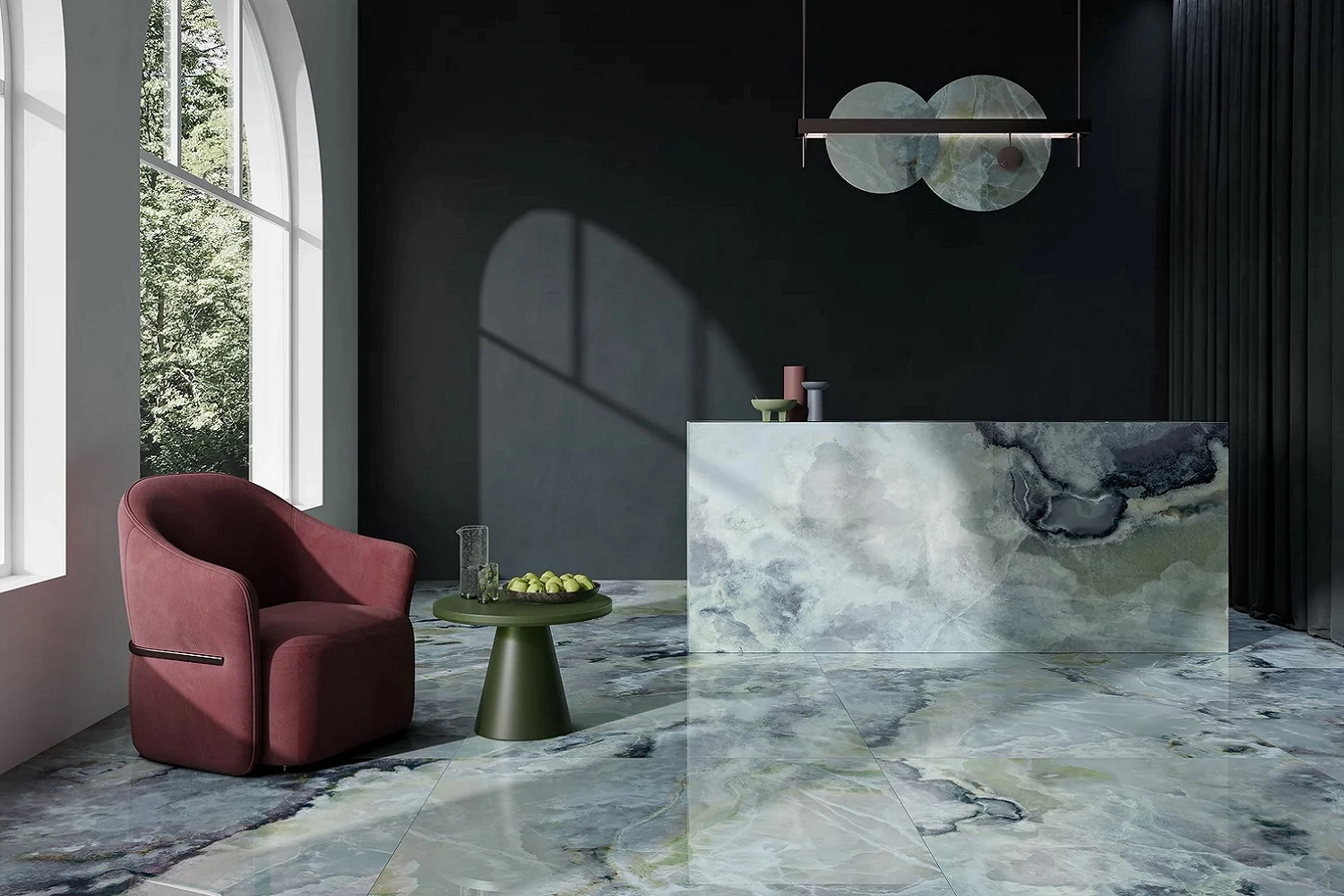 Minimalistyczna czarna recepcja inspirowana kamieniem