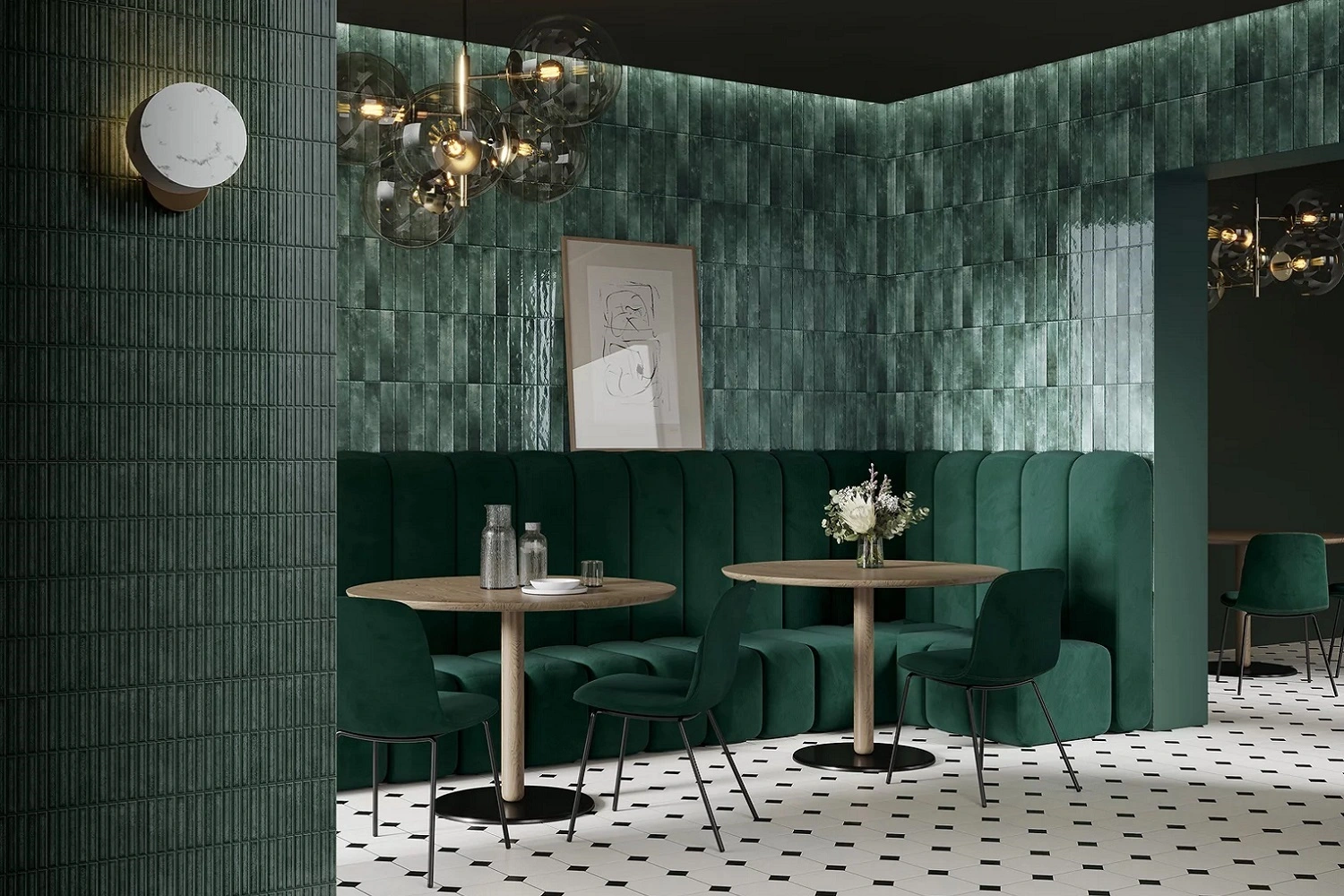 Nowoczesna restauracja w stylu śródziemnomorskim z płytkami w kolorze zielonym