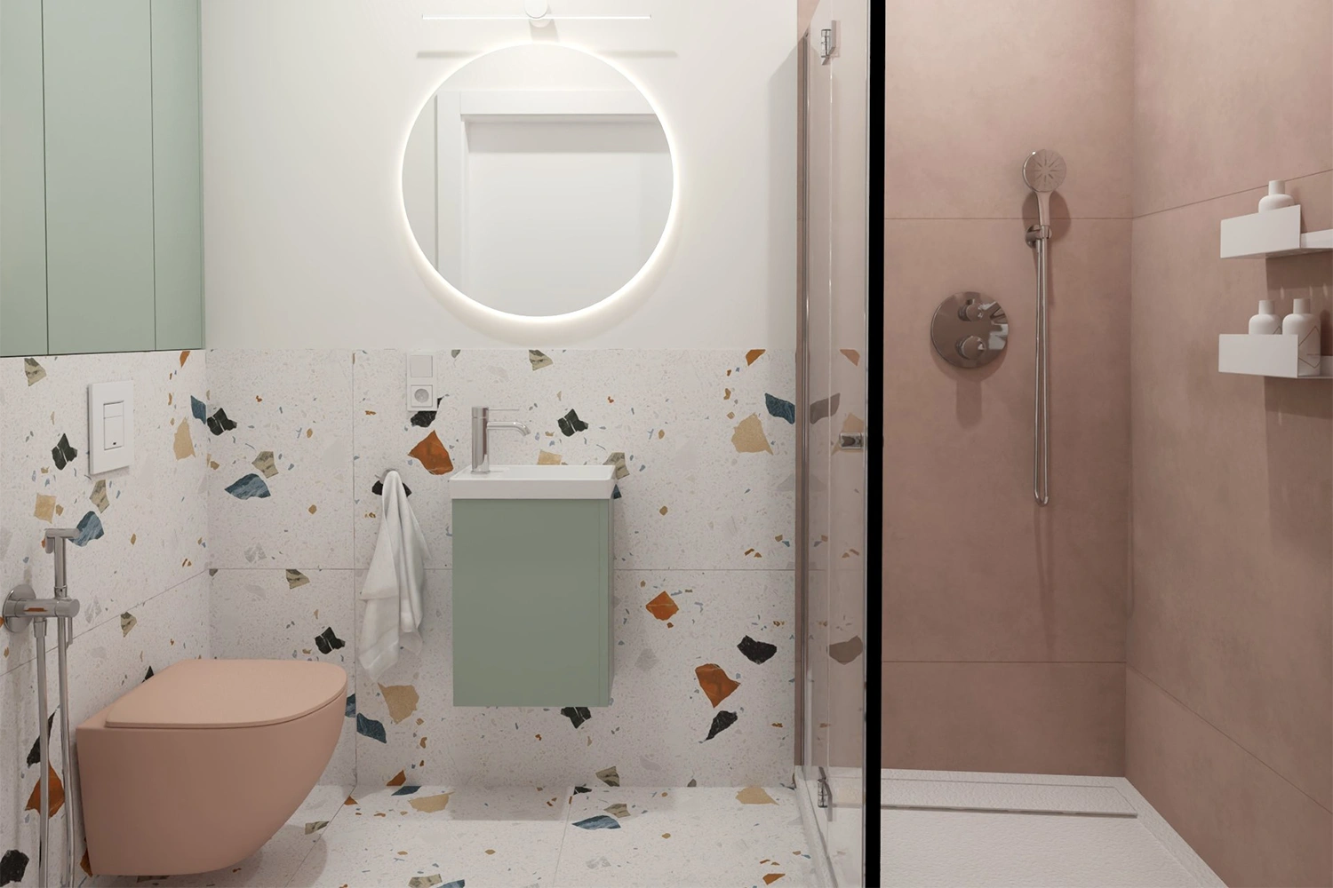Różowo-zielona łazienka w pastelowych kolorach z okrągłym lustrem i prysznicem