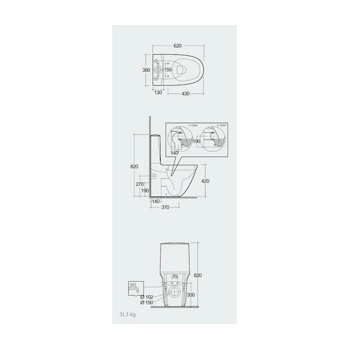 Zestaw Sensation Kompakt: Miska Wc Rimless Do Compactu Btw P-Trap 62cm & Zbiornik Do Kompaktu, Zasilanie Dolne & Deska Wc Wolnoopadająca SENS3SET Rak