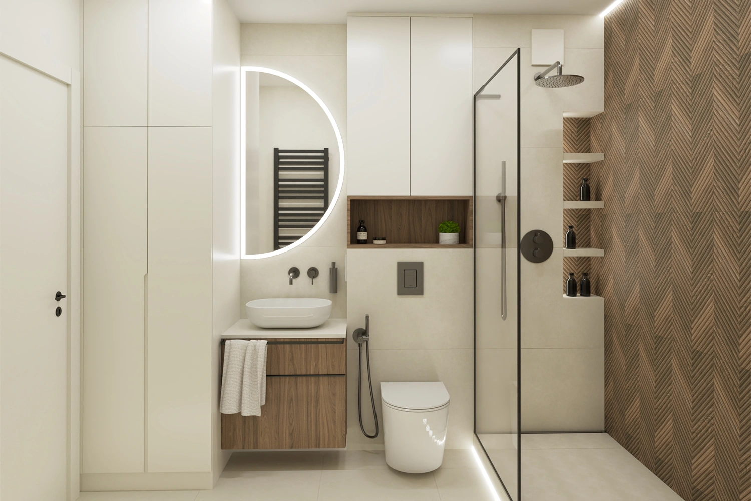 Beżowa łazienka z dodatkiem drewnianych akcentów, czarną armaturą i ścianą w jodełkę