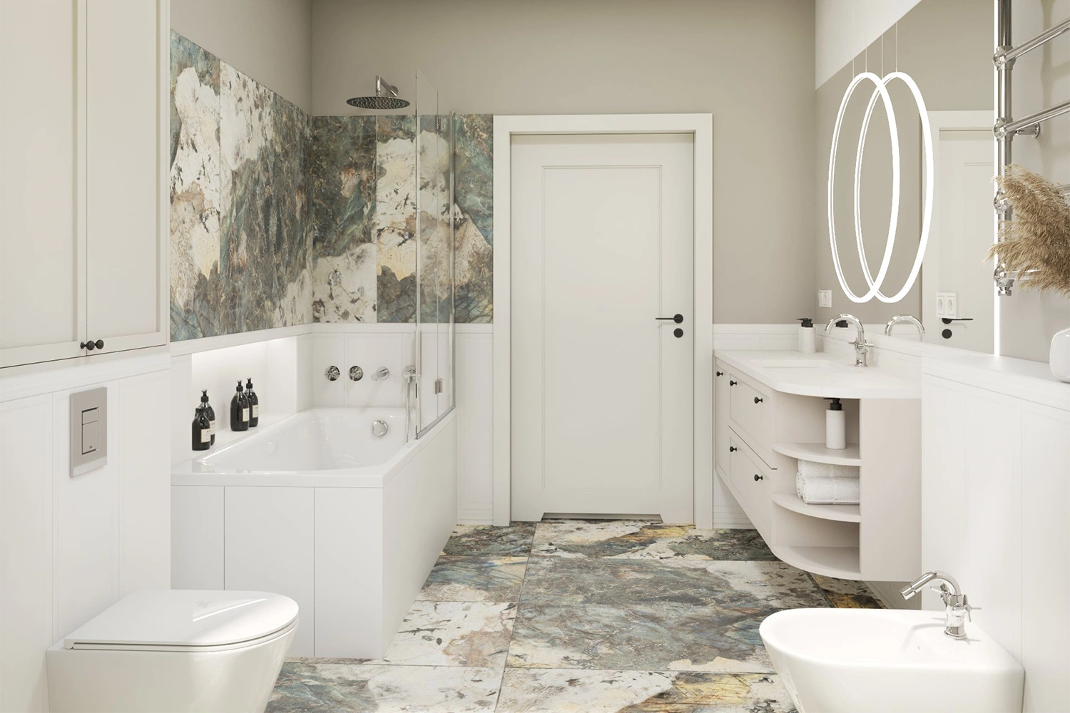 Biało-szara łazienka z wanną i dekoracyjnymi płytkami na podłodze i ścianie