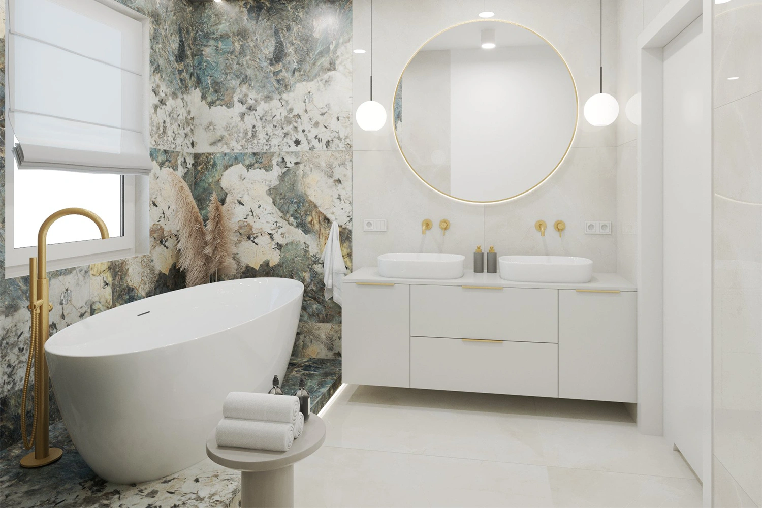 Biało-złota łazienka z wanną wolnostojącą i wielkoformatowymi płytkami dekoracyjnymi