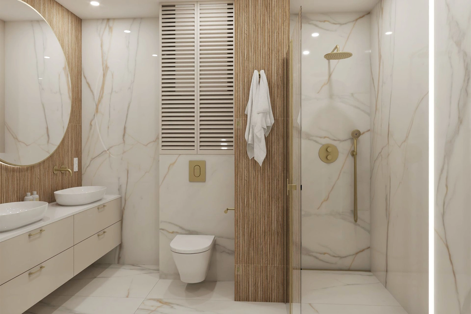Beżowo-biała łazienka z prysznicem walk-in, marmurowymi płytkami i złotymi  dodatkami