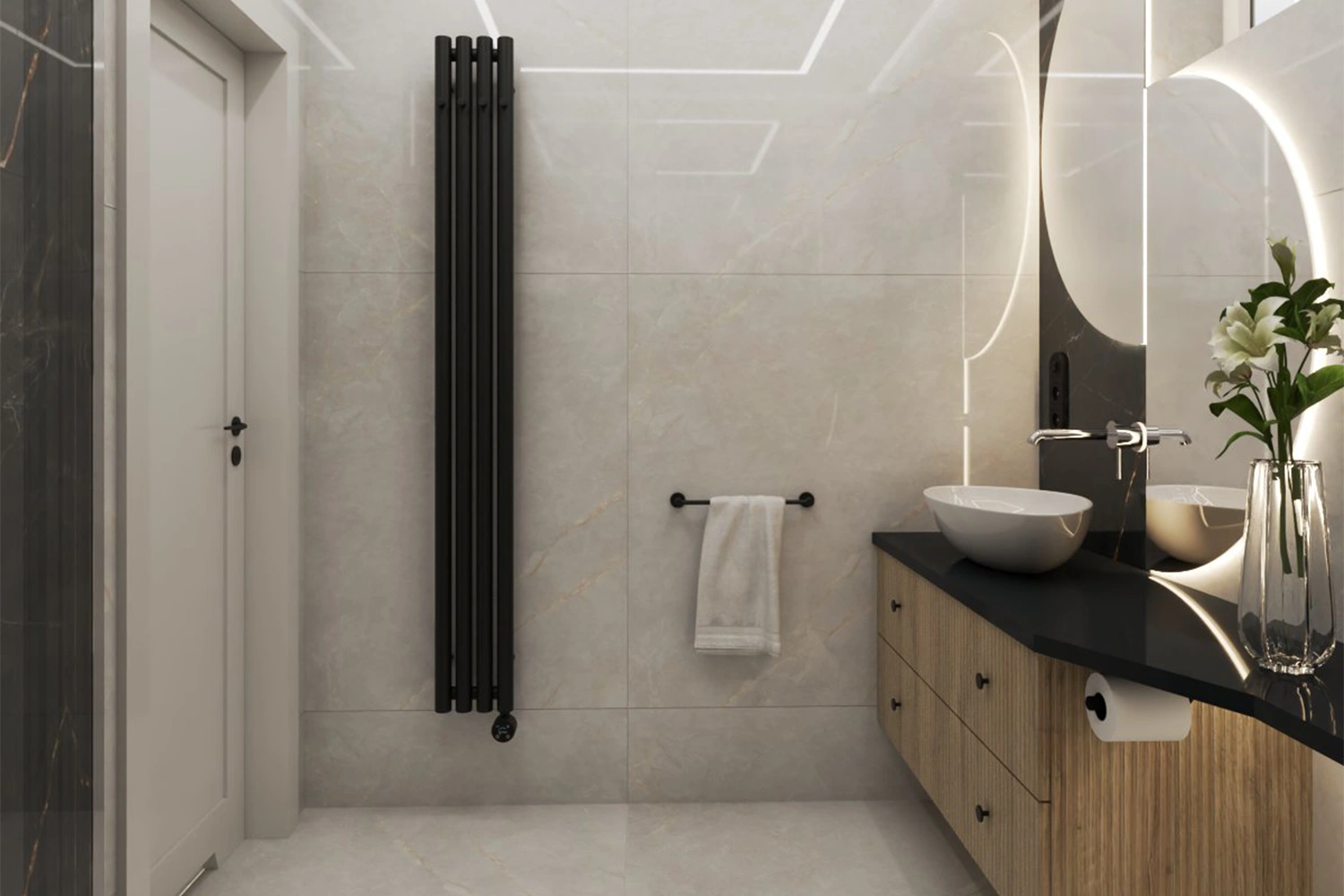 Czarno-biała łazienka z drewnianą szafką i okrągłym, podświetlanym lustrem