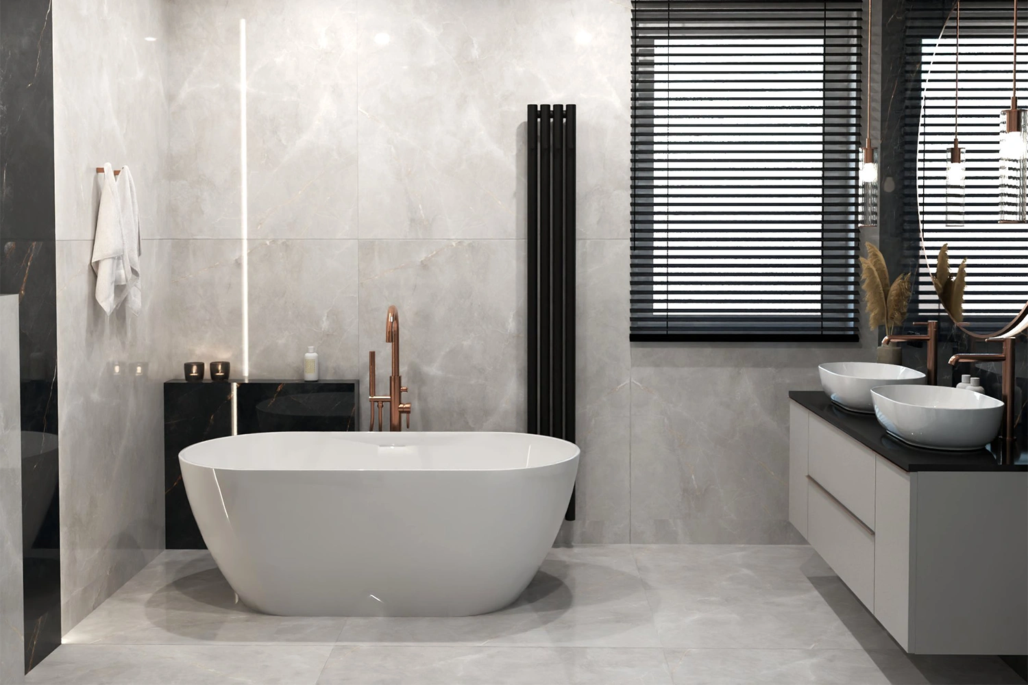 Czarno-biała łazienka z marmurowymi płytami, podwójną umywalką i wanną wolnostojącą