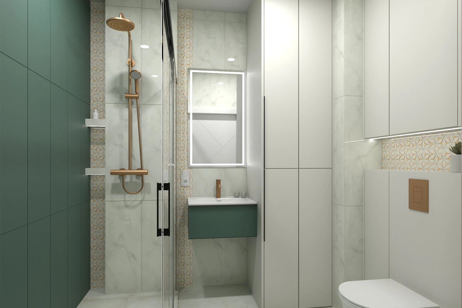 Biało-zielona łazienka z prysznicem walk-in i złotą armaturą