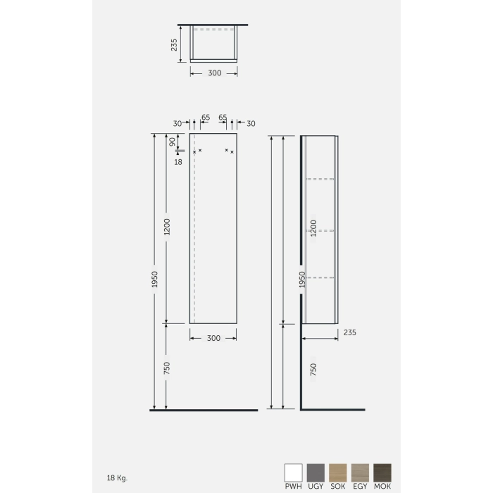 Joy Szafka Wisząca Słupek Szer. 30 cm Wys. 120 cm Grey Elm JOYTS120EGY Rak Ceramics