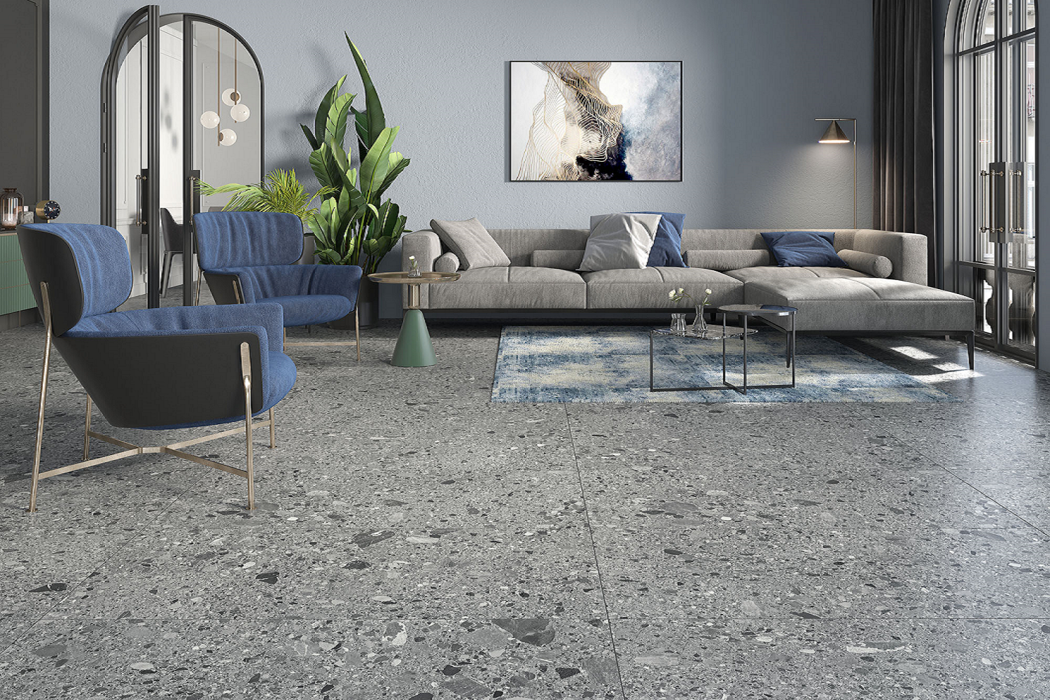 Salon z ceramiczną podłogą Ceramica Limone w nowoczesnym stylu