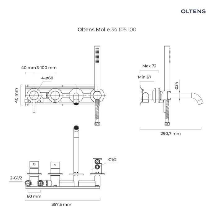 Molle bateria wannowo-prysznicowa podtynkowa 4-otworowa Chrom 34105100 Oltens