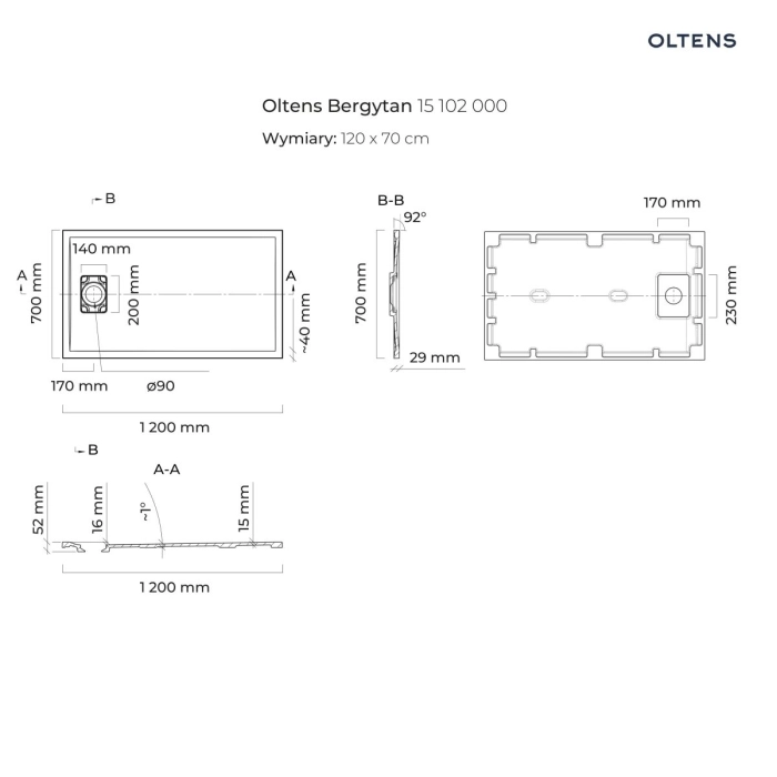 Bergytan brodzik prostokątny 120x70 cm RockSurface Biały 15102000 Oltens