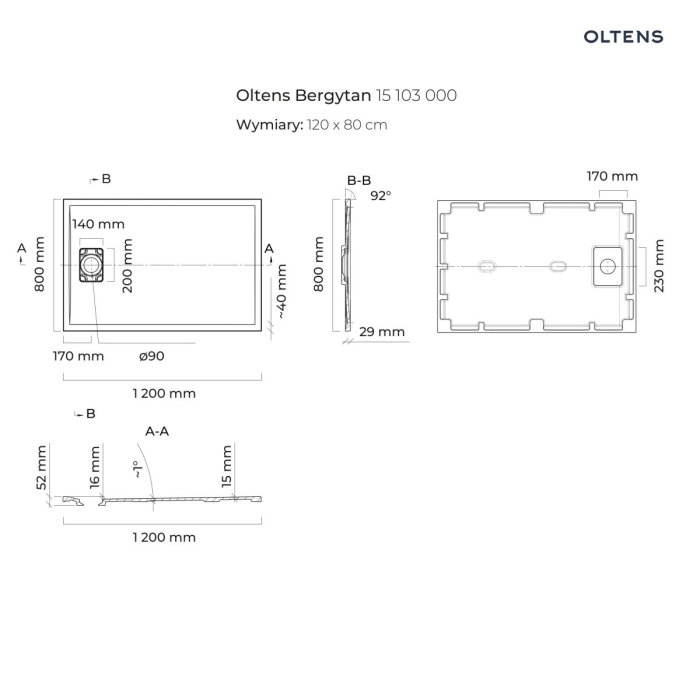 Bergytan brodzik prostokątny 120x80 cm RockSurface Biały 15103000 Oltens