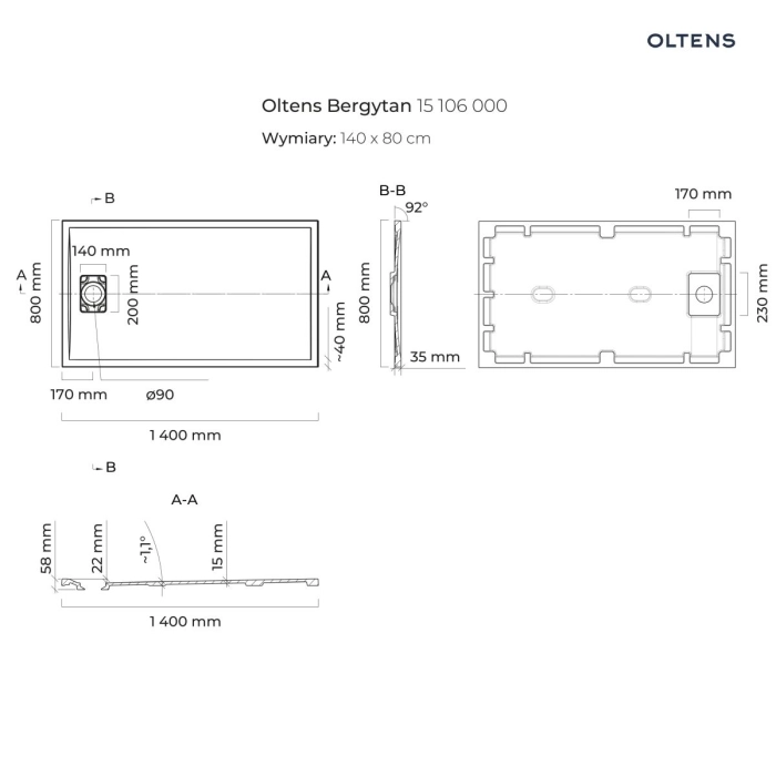 Bergytan brodzik prostokątny 140x80 cm RockSurface Biały 15106000 Oltens