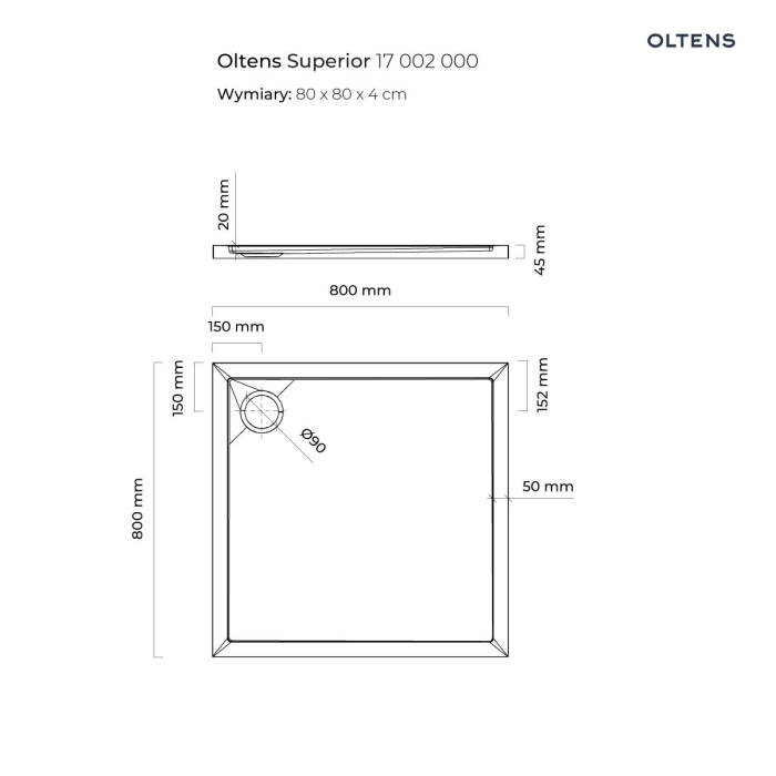 Superior brodzik kwadratowy 80x80 cm akrylowy Biały 17002000 Oltens