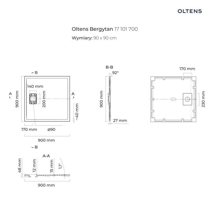 Bergytan brodzik kwadratowy 90x90 cm RockSurface Szary beton 17101700 Oltens