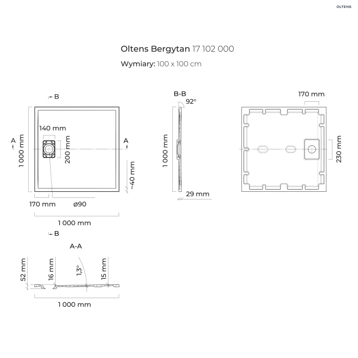 Bergytan brodzik kwadratowy 100x100 cm RockSurface Biały 17102000 Oltens