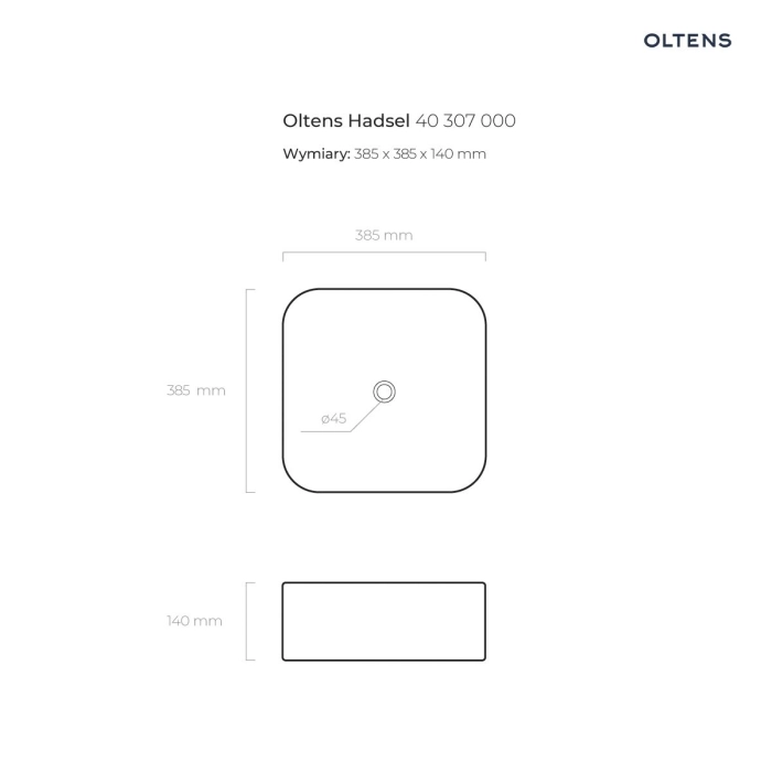 Hadsel umywalka 38,5 cm nablatowa kwadratowa biała 40307000 Oltens