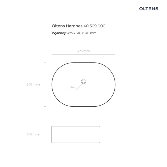 Hamnes umywalka 47,5x34 cm nablatowa owalna biała 40309000 Oltens