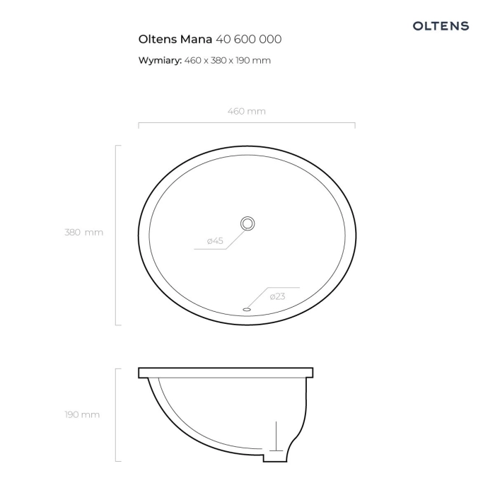 Mana umywalka 46x38 cm podblatowa owalna z powłoką SmartClean biała 40600000 Oltens