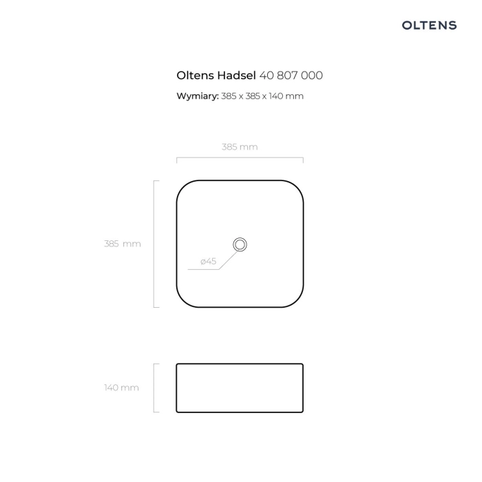 Hadsel umywalka 38,5 cm nablatowa kwadratowa z powłoką SmartClean biała 40807000 Oltens