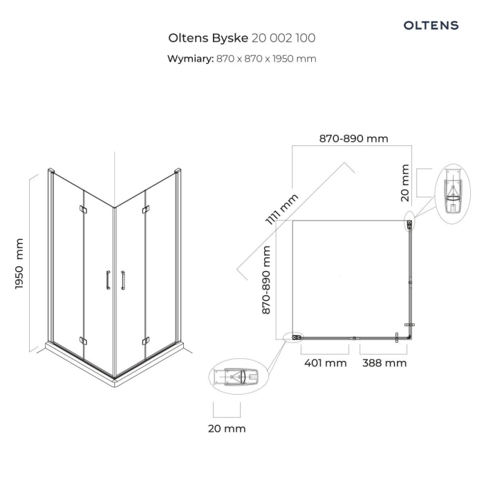 Byske kabina prysznicowa 90x90 cm kwadratowa 20002100 Oltens