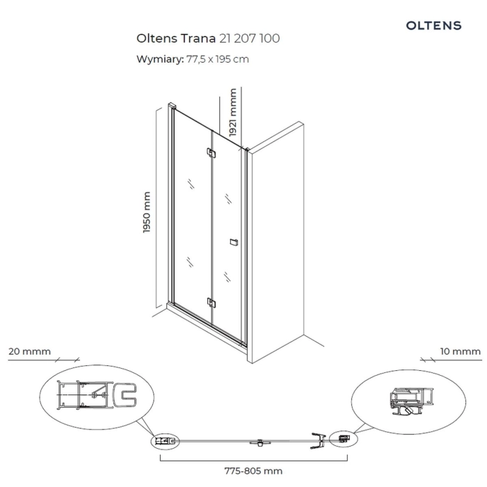 Trana drzwi prysznicowe 80 cm wnękowe 21207100 Oltens