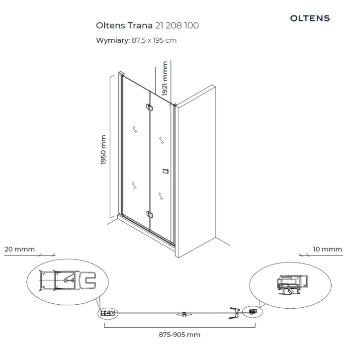 Trana drzwi prysznicowe 90 cm wnękowe 21208100 Oltens