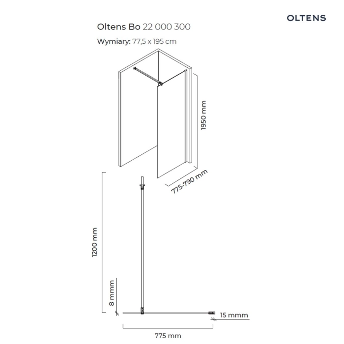 Bo ścianka prysznicowa Walk-In 80 cm profil Czarny mat 22000300 Oltens