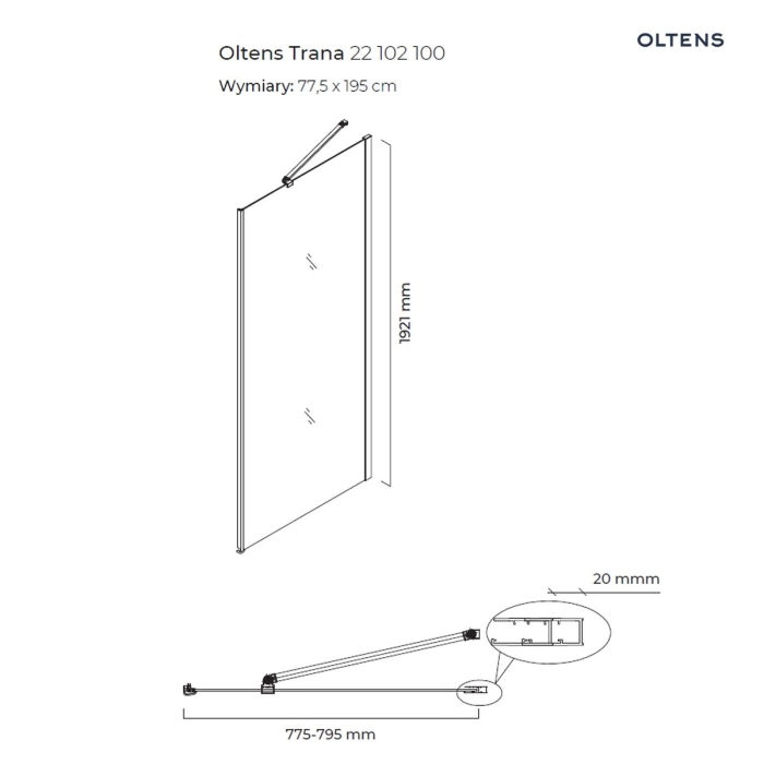 Trana ścianka prysznicowa 80 cm boczna do drzwi 22102100 Oltens