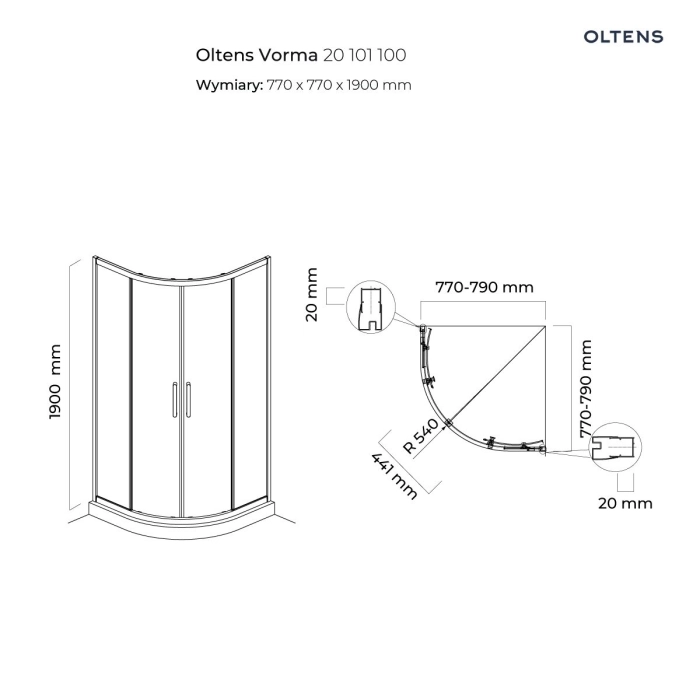 Vorma kabina prysznicowa 80x80 cm półokrągła 20101100 Oltens