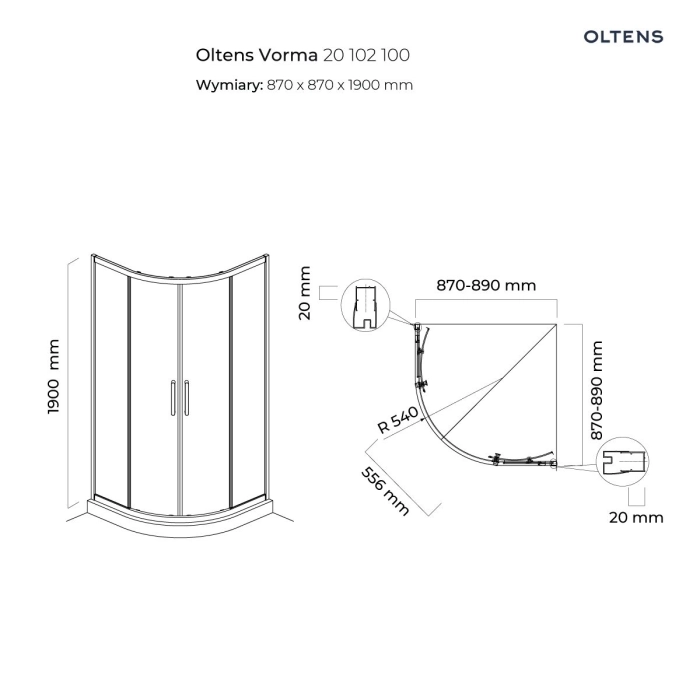 Vorma kabina prysznicowa 90x90 cm półokrągła 20102100 Oltens