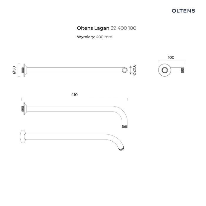 Lagan ramię deszczownicy 40 cm okrągłe Czarny mat 39400300 Oltens