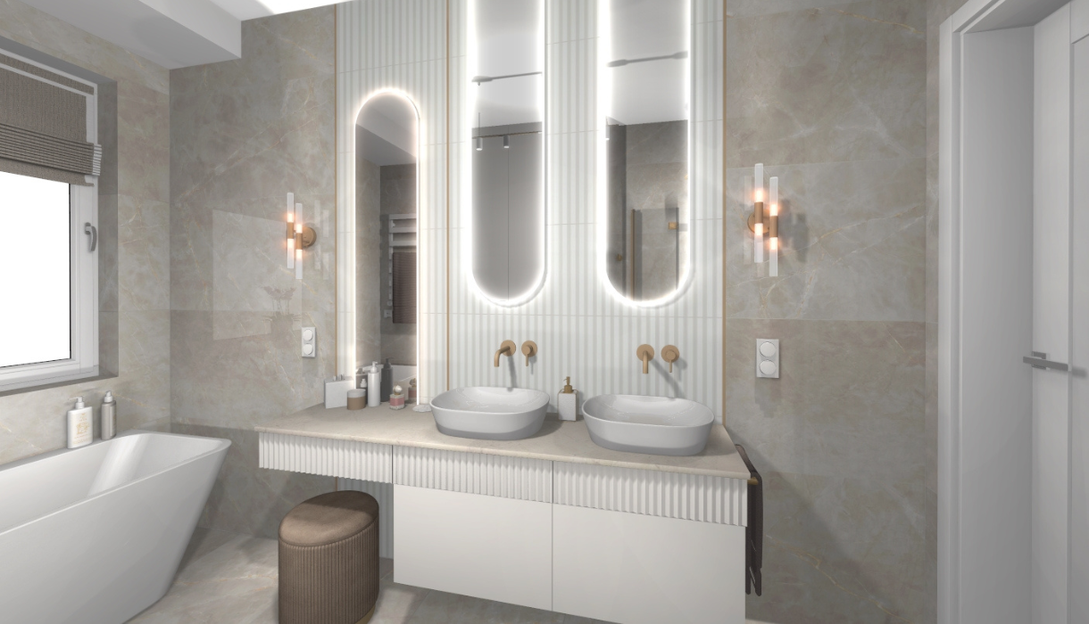 Elegancka łazienka w stylu glamour z podwójną umywalką, podświetlanymi lustrami i wanną.